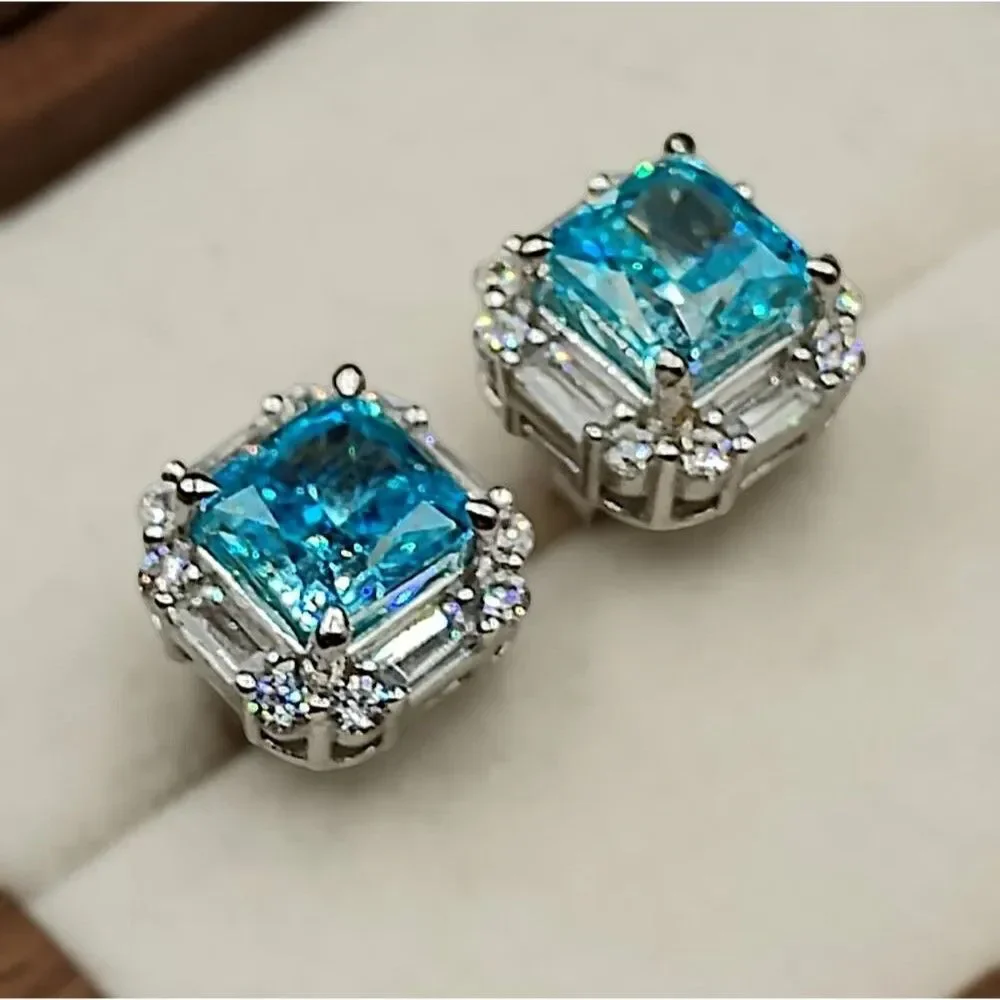 2.30CT Radiant Cut Crushed Ice Swiss Blue Topaz Stud Earrings in Sterling Silver - Picture 5 of 7